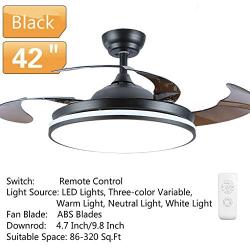 YEELED Light 42'' Invisible Reversible Ceiling Fans with Remote Control 3 Light/6 Fan Speeds Ceiling Fan Chandelier for Living Room Bedroom Dining Room Fan Light (Black-01)