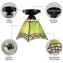 KWOKING Lighting Tiffany Ceiling Lights Stained Glass Hanging Lamp with Green Cone Shade Semi Flush Mount Ceiling Light for Living Room, Hallway, Kitchen 4 Sides