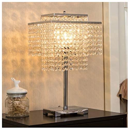 POPILION Glam Double-Deck Crystal Table Lamp,Chrome Desk Lamp with Elegant Crystal Lamp Shade,Nightstand Chandelier Lamps for Bedroom, Living Room,Study Room,Cafe