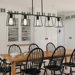 MELUCEE 5-Light Kitchen Island Lighting Farmhouse Dining Room Lighting Fixtures Hanging Black Finish with Metal Open Cage, Linear Chandeliers Industrial Pool Table Light