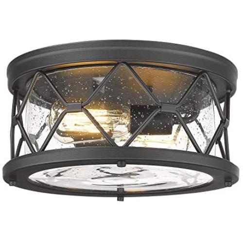 Zeyu 2-Light Black Flush Mount Ceiling Light - Modern Industrial Ceiling Light Fixture for Kitchen Hallway Bedroom, Black Finish with Seeded Glass Cover, ZW22-F BK