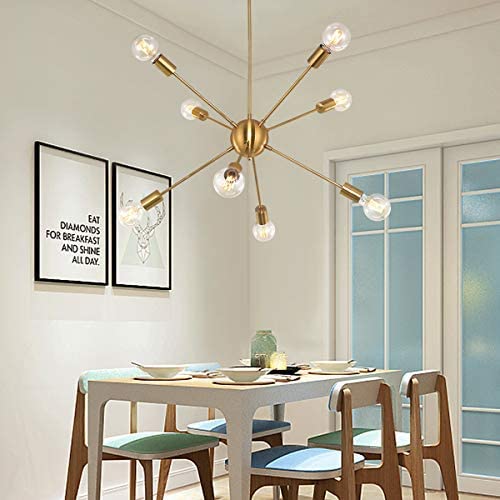 SGLfarmty Sputnik Chandeliers Gold Light Fixture Mid Century Ceiling Light Brushed Brass 8 Lights for Flat or Sloped Ceiling Bar Dining Room (Brass)