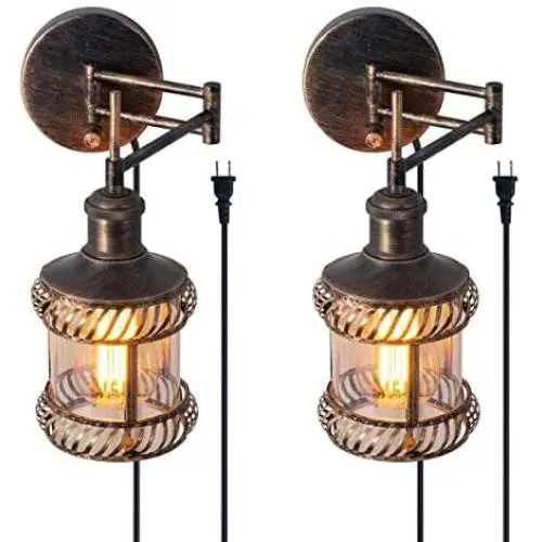 Swing Arm Wall Lamp, 2-in-1 270 Angle Adjustable Industrial Rustic Wall Sconces with Plug in Hardwired ON/Off Switch Glass Shade Retro Iron Wall Light Fixtures for Bedside Bedroom Bathroom Living Room