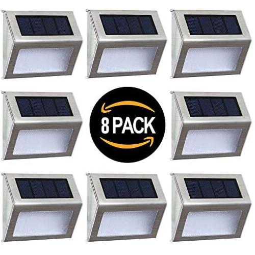 Solar Deck Lights Outdoor Solar Step Lights 6 LED Solar Stair Lights Stainless Steel Outdoor Solar Wall Lights Weatherproof Outdoor Auto On/Off Lighting for Steps Stairs Decks Fences 8 Pack