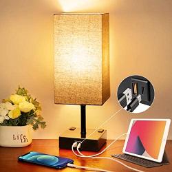 Touch Control Beside Table Lamp, Wesen 3-Way Dimmable Nightstand Lamp with QC 3.0 USB & PD 3.0 Type-C Charging Port & 2 Power Outlets, A19 LED Bulb Included, Classic Desk Lamp for Living Room Bedroom