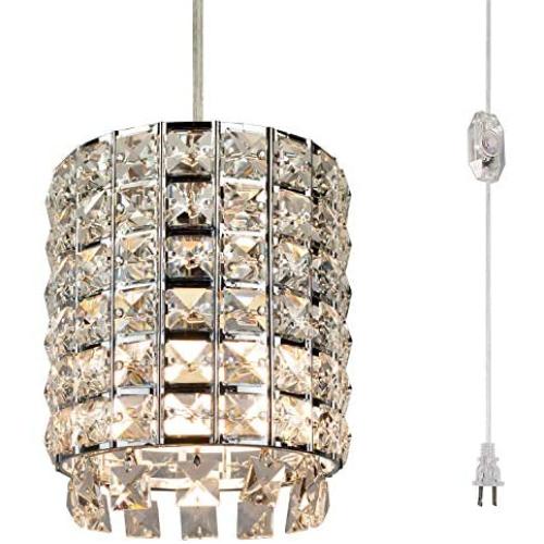 Modern Light Elegant Mini Pendant Light Plug in Crystal Chandelier Lamp with On/Off Switch in Cord, Hanging Light Fixture for Kitchen Bedroom Dining Room Foyer Kids Room -(NO Bulb)