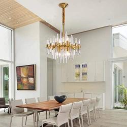 NOXARTE Gold Chandelier Modern Brass Pendant Light Contemporary Glass Ceiling Lighting Fixture for Dining Room Living Room