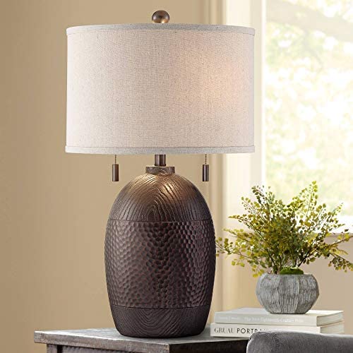 Byron Rustic Table Lamp Hammered Textured Bronze White Drum Shade for Living Room Family Bedroom Bedside Nightstand - Franklin Iron Works
