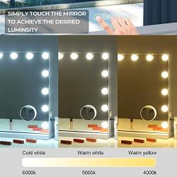 FENCHILIN Large Vanity Mirror with Lights, Hollywood Lighted Makeup Mirror with 15 Dimmable LED Bulbs for Dressing Room & Bedroom, Tabletop or Wall-Mounted, Slim Metal Frame Design, White