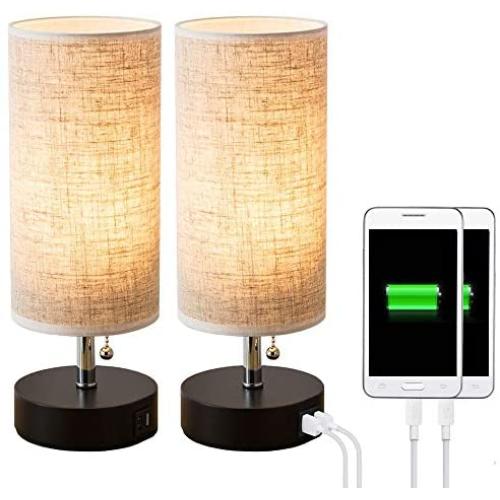 Lifeholder Table lamp, Black Wooden Base Bedside Desk Lamp,Nightstand Lamp with Dual USB Charging Port, Bedside USB Table Lamp Perfect for Bedroom, Living Room or Office (2 Packs)