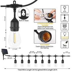 S14 Solar String Lights Outdoor 34Ft Patio Lights with 15 Shatterproof LED Bulbs, Solar & USB Charging with 4 Lighting Modes, Heavy Duty Weatherproof Strand for Backyard Garden, 2700K