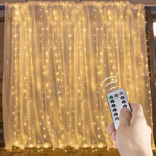 LED Curtain Lights Warm White, 9.8 Feet 300 Led Remote Control with 8 Lighting Modes, Timer Twinkle Lights Indoor, Outdoor String Lights for Bedroom Wedding Party Backdrop Wall Curtain Lights