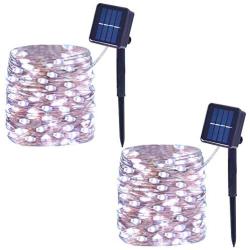 Outdoor Waterproof Solar String Lights, 100-LED with 8 Modes, Durable Super-Bright Light, Copper Wire Solar Powered Fairy Lights for Garden, Party, Christmas, Wedding 2-Pack (White)