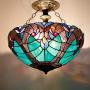 Tiffany Ceiling Fixture Lamp Semi Flush Mount Light W16H15 Inch Green Stained Glass Liaison Shade S160G WERFACTORY Kid Parent Living Room Bedroom Study Kitchen Office Coffee Island Bar Hallway Dining