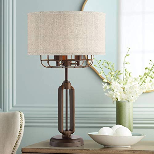 Tremont Rustic Farmhouse Table Lamp Bronze Iron Cage Burlap Fabric Drum Shade 3-Light for Living Room Bedroom Bedside Nightstand Office Family - Franklin Iron Works