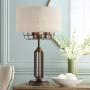 Tremont Rustic Farmhouse Table Lamp Bronze Iron Cage Burlap Fabric Drum Shade 3-Light for Living Room Bedroom Bedside Nightstand Office Family - Franklin Iron Works