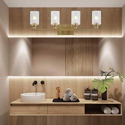 MELUCEE Brass Vanity Lights Wall Sconce 4-Light, Bathroom Light Fixtures with Clear Glass Shade Wall Lights Bedroom Porch Light Fixtures Wall Mount