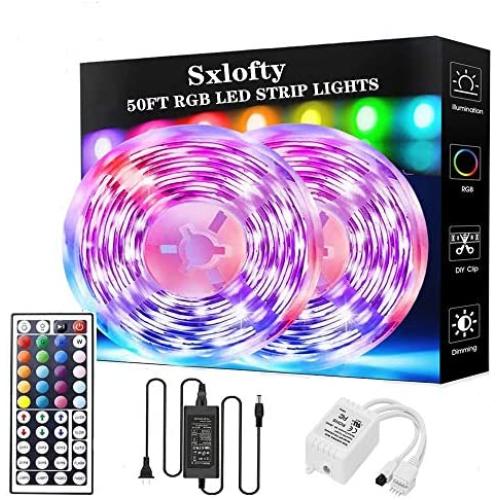 Sxlofty 50FT/15M LED Strip Lights, RGB LED Light Strip LEDs Bright 5050 SMD Color Changing LED Strip Lights Flexible Tape Light Kit with 44 Keys IR Remote Controller for Kitchen Home Party