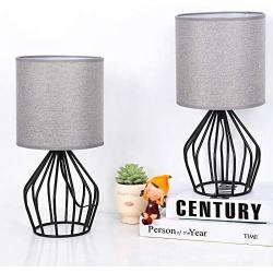 HAITRAL Modern Table Lamps Set of 2 - Black Metal Bedside Lamps for Bedroom, Living Room, Bedside Table, Lamp Set with Hollowed Out Base and Gray Fabric Shade