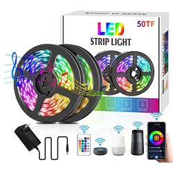 led Strip Lights for Bedroom 50ft, Smart WiFi Wireless Phone Controlled Light Strip Kit RGB Works with UL Listed Adapter IR Remote Control, for TV, Bedroom, Party and Home Decoration (RGB-15M)