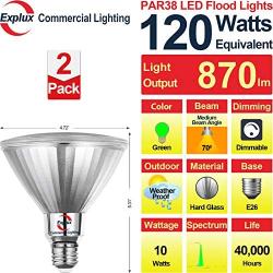 Explux LED PAR38 Green Flood Light Bulbs, Dimmable, Full-Glass Weatherproof, 120W Equivalent, 2-Pack