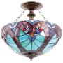 Tiffany Ceiling Fixture Lamp Semi Flush Mount Light W16H15 Inch Green Stained Glass Liaison Shade S160G WERFACTORY Kid Parent Living Room Bedroom Study Kitchen Office Coffee Island Bar Hallway Dining