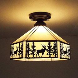 KWOKING Lighting Vintage Elk Pattern Ceiling Lighting Fixtures Tiffany Stained Glass Style Flush Mount Ceiling Light for Living Room, Hallway, Kitchen, Dining Room Bronze 11 inches