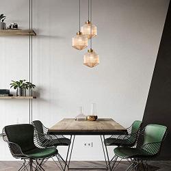 CraftThink Pendant Lighting Chandelier Fixture Nordic Drum Amber Ribbed Glass in Brass 1 Light Ceiling Suspension Lamp LED Hanging Lamp for Coffee Dining Living Room Bedroom Restaurant Hotel-Amber