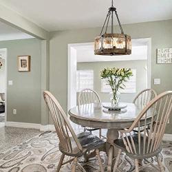 Chandeliers for Dining Rooms,5-Lights 19 Farmhouse Chandelier,Hemp Rope Wood Chandelier with Clear Glass Shade