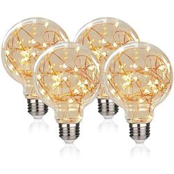 LED Globe Fairy Light Bulb,G80 E26 Warm White Edison Screw Night Lights, Flash Starry Decorative Copper Wire String Lights for Bedroom Living Room Festival ChristmasBedroom, Non-dimmable, 4 Pack