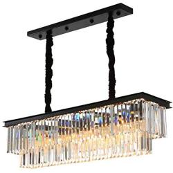 7PM Modern K9 Clear Crystal Bar Raindrop Chandelier Lighting Flush Mount Rectangle Island LED Ceiling Light Fixture Pendant for Dining Room Bathroom Bedroom Living Room 5 E12 Bulbs Required L40 x W10