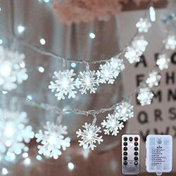 AODINI Christmas Decorations, 19.6 ft 40 LED Snowflake String Lights Battery Operated, 8 Modes Waterproof Christmas Lights with Remote for Xmas Party Garden Patio Bedroom Decor Indoor Outdoor