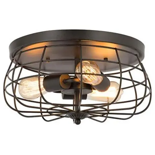 CO-Z 15 Inch Industrial 3-Light Vintage Metal Cage Flush Mount Ceiling Light, Oil Rubbed Bronze Finish, Rustic Ceiling Lighting Fixture for Bedroom, Dining Room, Living Room, Farmhouse Lighting
