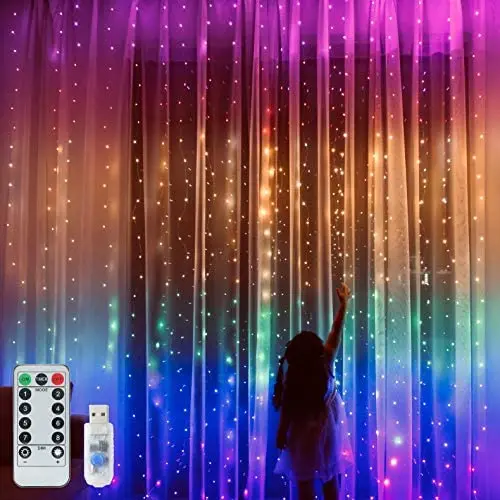 Rainbow Curtain Lights, 9.8ftx9.2ft 280 LED Curtain Lights, Curtain String Lights with USB Remote Control 8 Modes for Girls Room Decor, Kids Room, Bedroom,Unicorn Room Decor,Christmas,Party,Birthday