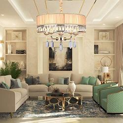 APBEAMLighting Drum Chandelier Crystal Raindrop Pendant Light Fixture with Gold Round Lampshade for Living Room Dining Room 4 Lights