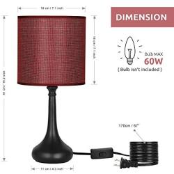 HAITRAL Small Table Lamps - Vintage Nightstand Lamps Set of 2, Bedside Desk Lamps for Bedroom, Living Room, Office, Kids Room with Metal Base & Fabric Lamp Shade - Wine Red (HT-BTL10-34X2)