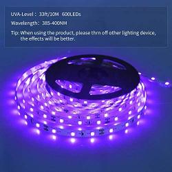 SHPODA 33ft LED Black Light Strip Kit,600 Units,385nm-400nm,12V Flexible Blacklight Fixtures,10M LED Ribbon,Non-Waterproof for Indoor,Birthday,Wedding,Dark Party