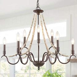 Farmhouse Chandelier, Dining Room Chandelier with Wood Beads for Living Room, Bedroom, 28'' L x 25.5'' H, Bronze
