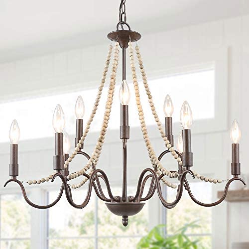 Farmhouse Chandelier, Dining Room Chandelier with Wood Beads for Living Room, Bedroom, 28'' L x 25.5'' H, Bronze