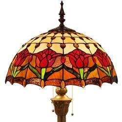 Tiffany Style Floor Standing Lamp W16H64 Inch Tall Stained Glass Tulip Flower Design Shade 2E26 Antique Reading Lighting Resin Base S030 WERFACTORY Lamps Bedroom Living Room Bedside Table Lover Gifts