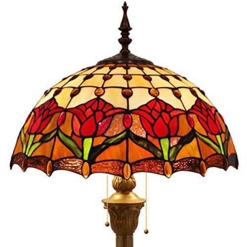 Tiffany Style Floor Standing Lamp W16H64 Inch Tall Stained Glass Tulip Flower Design Shade 2E26 Antique Reading Lighting Resin Base S030 WERFACTORY Lamps Bedroom Living Room Bedside Table Lover Gifts