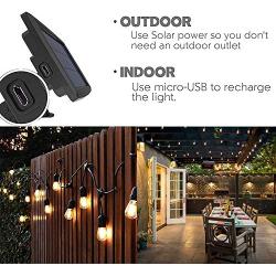 Banord 48FT Solar LED Outdoor String Lights, Waterproof Outdoor Lights with 15 Sockets and 16 LED S14 Warm White Bulbs, Shatterproof Patio Lights for Porch Cafe Garden Party