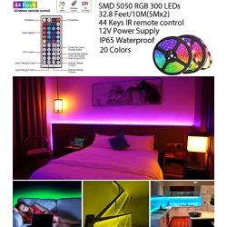 LED Strip Lights, TIK Tok Lights Daufri LED Light Strip Color Changing Kit Waterproof SMD 5050 RGB 32.8 Feet/10M 300 LEDs with 44 Keys IR Remote Controller and 12V Power Supply for Bedroom, Kitchen