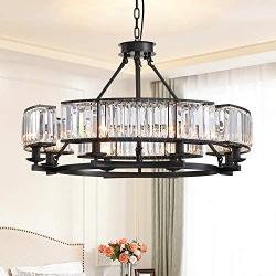 APBEAMLighting Luxury Round Crystal Chandelier Retro Pendant Lighting Hanging Ceiling Light Led Dimmable Fixture with Adjustable Chain for Living Room Dining Room Black 31.5