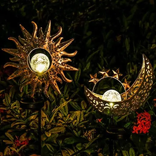 Solar Lights Outdoor Garden Decor,Waterproof Metal Sun Moon Decorative Stakes for Walkway,Yard,Lawn,Patio(2 Pack)