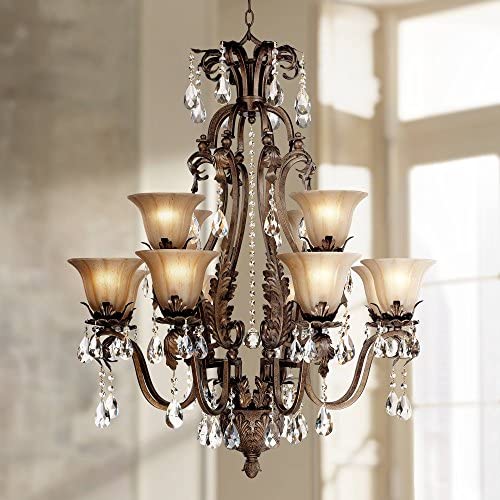 Iron Leaf Roman Bronze Large Chandelier 34'' Wide Two Tier Crystal Droplet Creme Smoke Glass 12-Light Fixture Dining Room House Foyer Kitchen Island Entryway Bedroom Living Room - Regency Hill