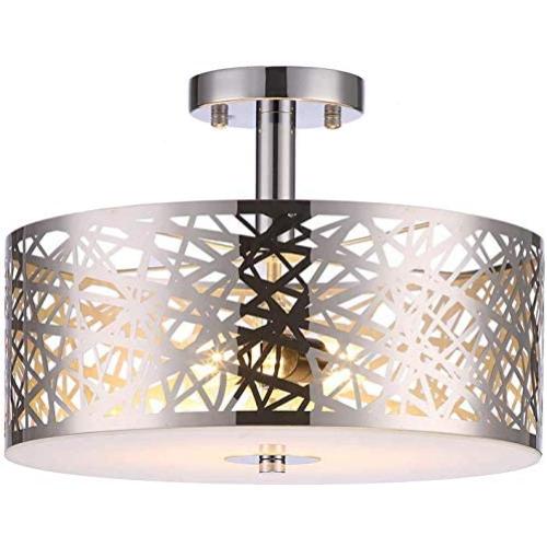 Loclgpm 2 Lights Semi Flush Mount Ceiling Light, Drum Chandelier Fixture with Metal Shade Contemporary, Chrome Finish Pendant Light for Bedroom,Living Room,Dining Room,Hall