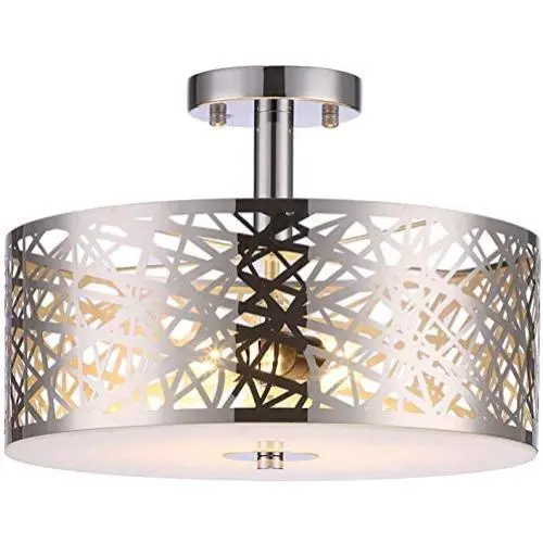 Loclgpm 2 Lights Semi Flush Mount Ceiling Light, Drum Chandelier Fixture with Metal Shade Contemporary, Chrome Finish Pendant Light for Bedroom,Living Room,Dining Room,Hall
