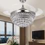 Crystal Chandelier Fandelier Chrome Ceiling Fan 42 Inch with Retractable invisible Blades and 3 Changing LED Light Color Ceiling Fan Light for Indoor, Living Room, Dining Room, Bedroom