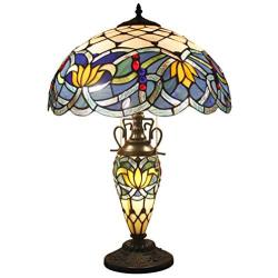 Tiffany Style Table Lamp W16H24 Inch Tall Blue Stained Glass Lotus Lampshade Antique Night Light Base S220 WERFACTORY Lamps Lover Living Room Bedroom Office Study Reading Desk Nightstand Art Gifts